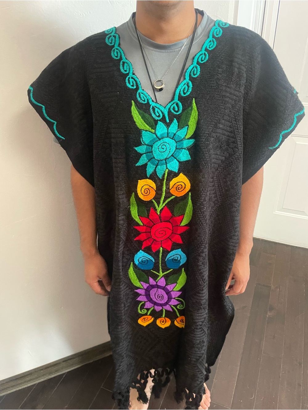 Black Embroidered Floral Poncho with Turquoise Trim